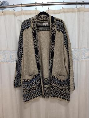 Lucky Brand Womens Boho Aztec Sz 2XL Beige Knit Cardigan Sweater Pockets